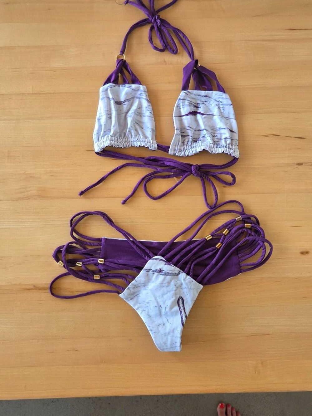 Poema Two Piece Swimsuit White Marble With Purple Trim Size Small